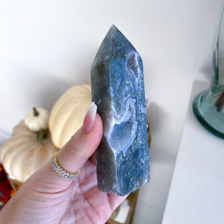 Pale Green Druzy Moss Agate Tower 