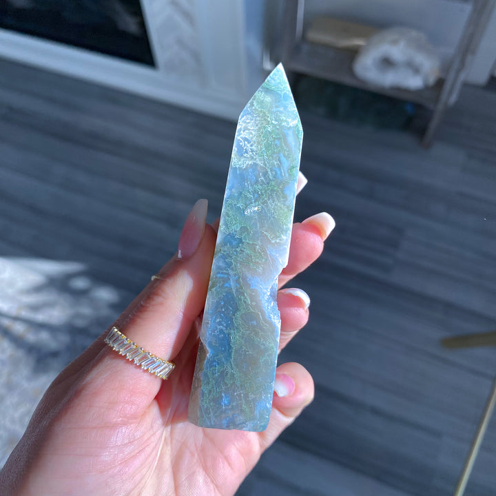 Pale Green Druzy Moss Agate Tower 