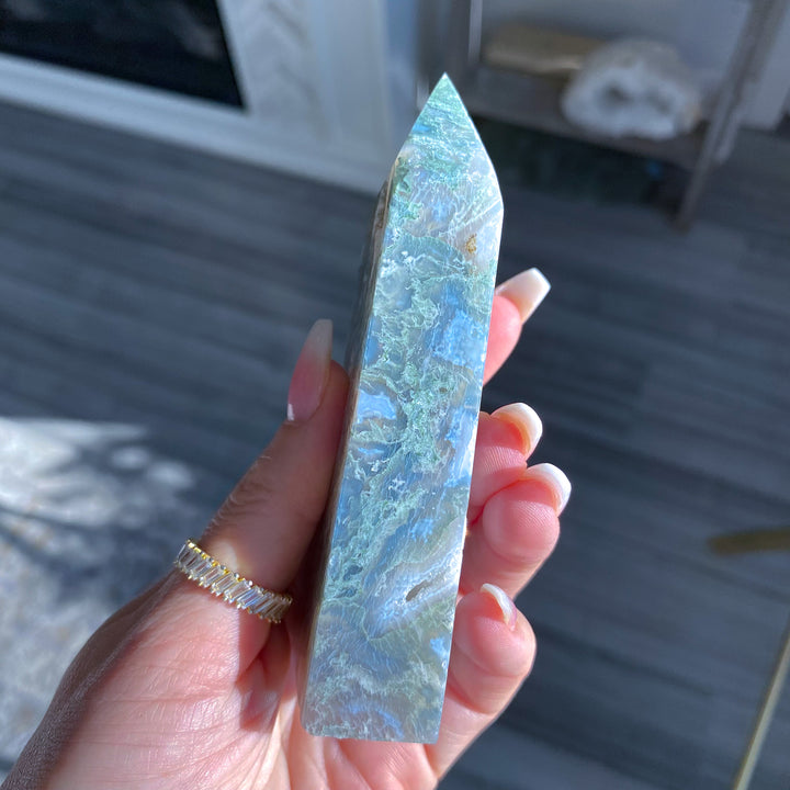 Pale Green Druzy Moss Agate Tower 