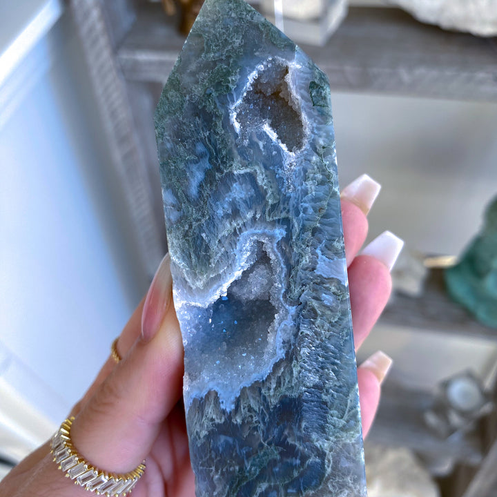 Pale Green Druzy Moss Agate Tower 