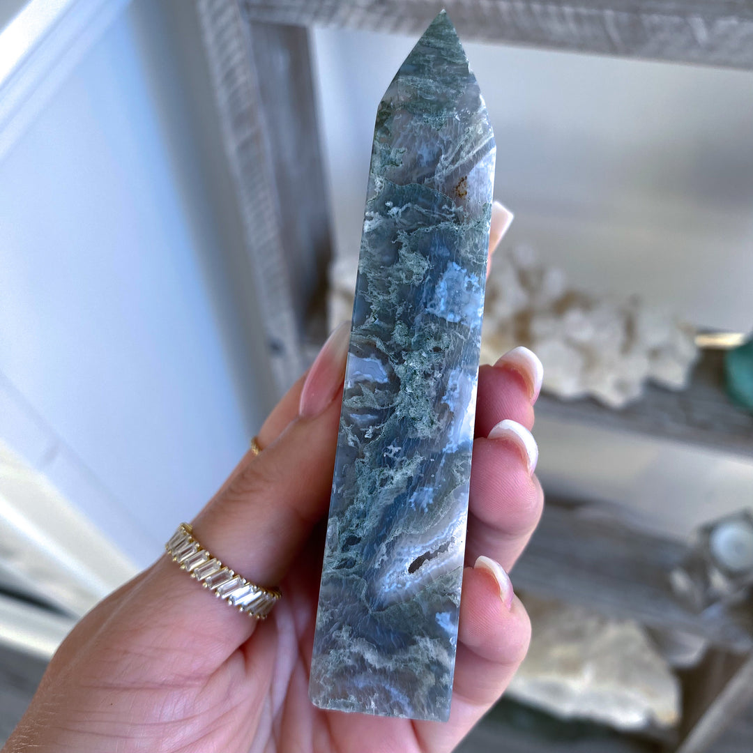 Pale Green Druzy Moss Agate Tower 