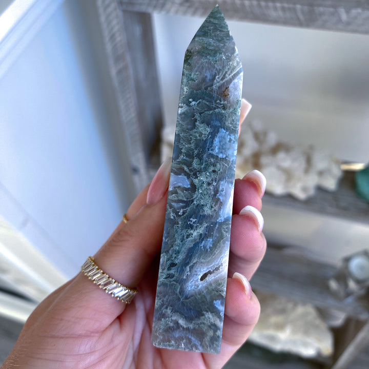 Pale Green Druzy Moss Agate Tower 