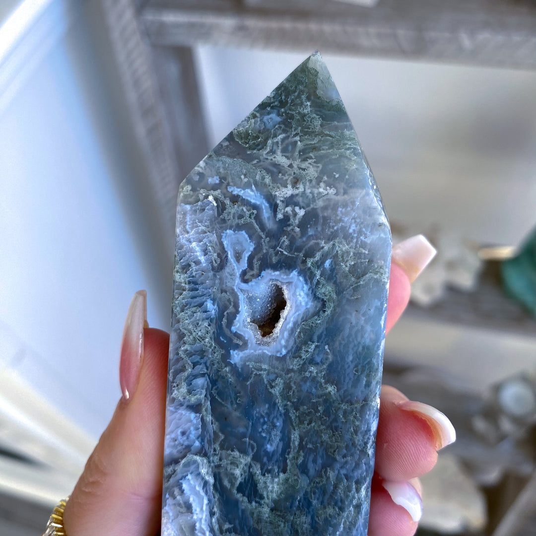 Pale Green Druzy Moss Agate Tower 