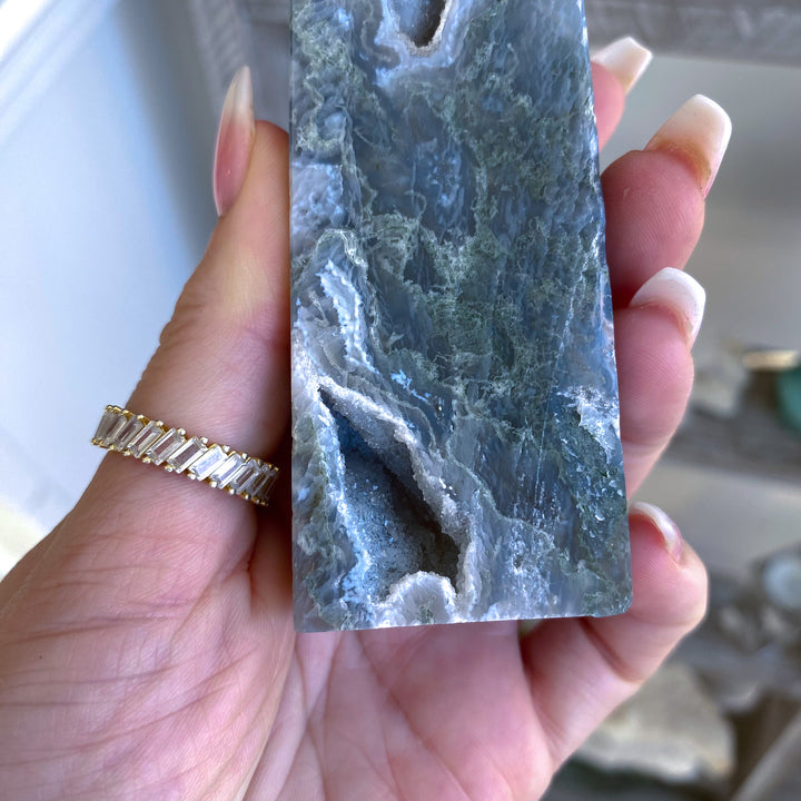 Pale Green Druzy Moss Agate Tower 