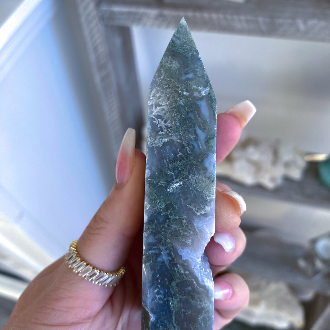 Pale Green Druzy Moss Agate Tower 