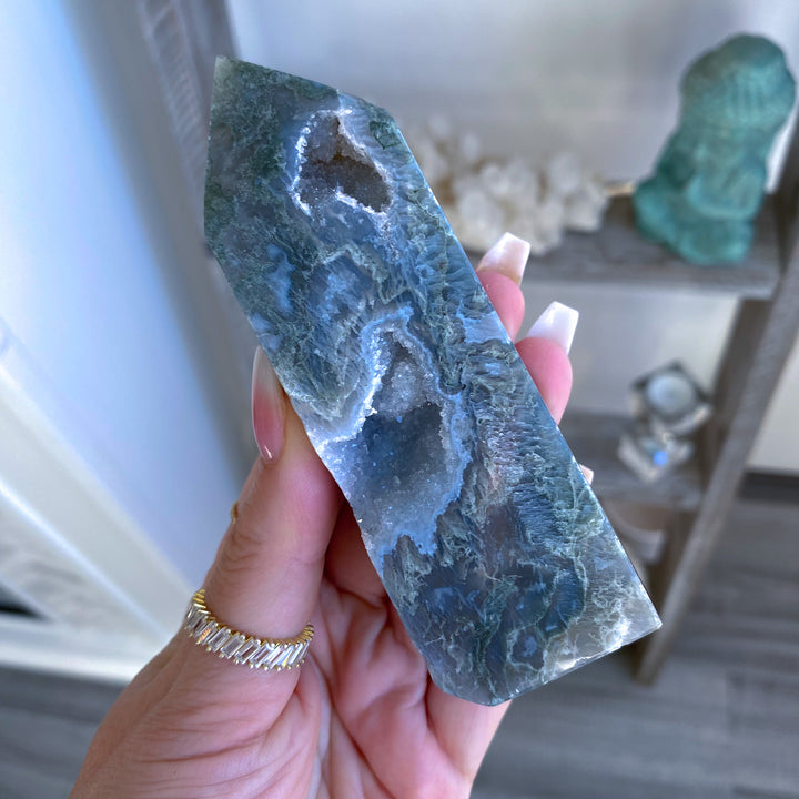 Pale Green Druzy Moss Agate Tower 