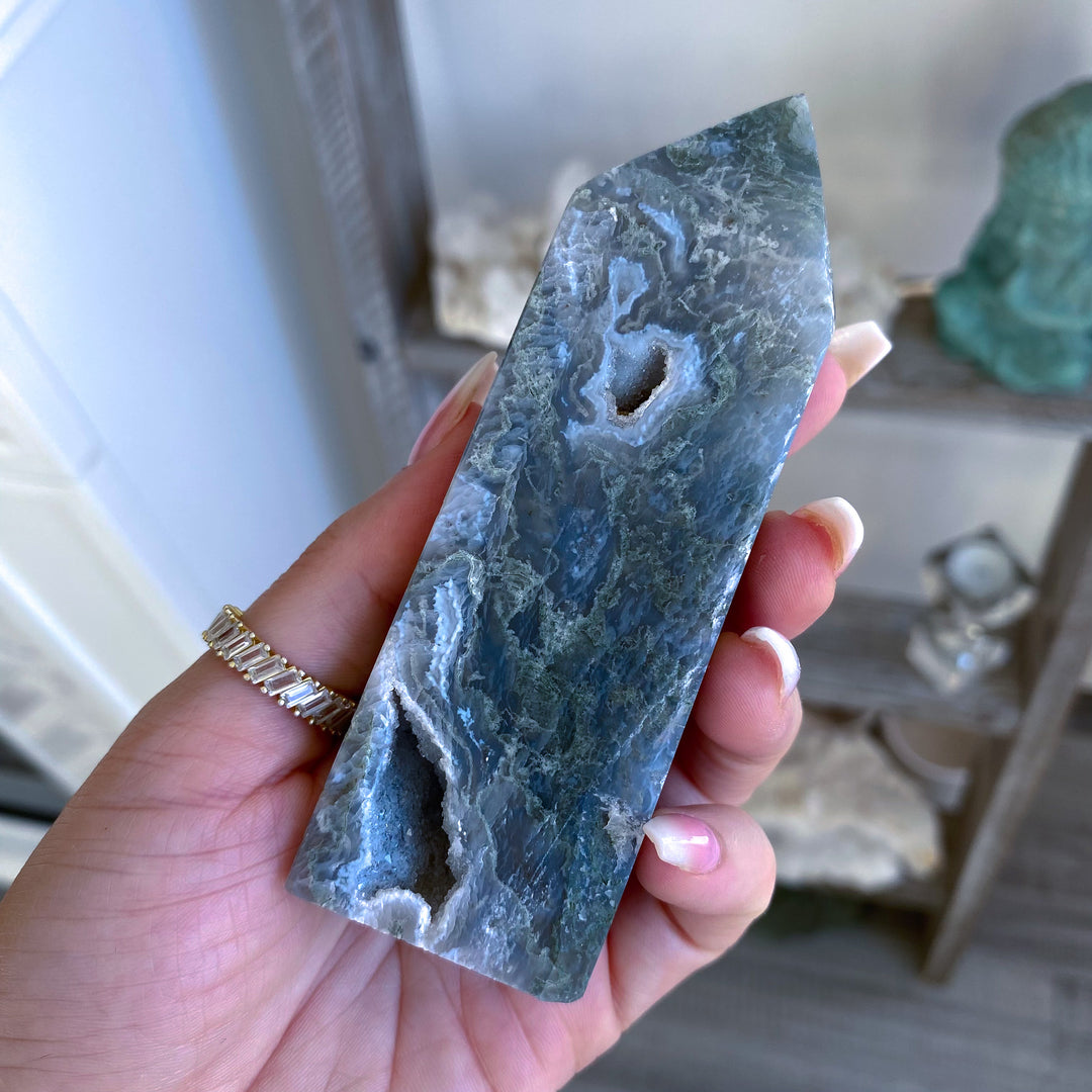 Pale Green Druzy Moss Agate Tower 