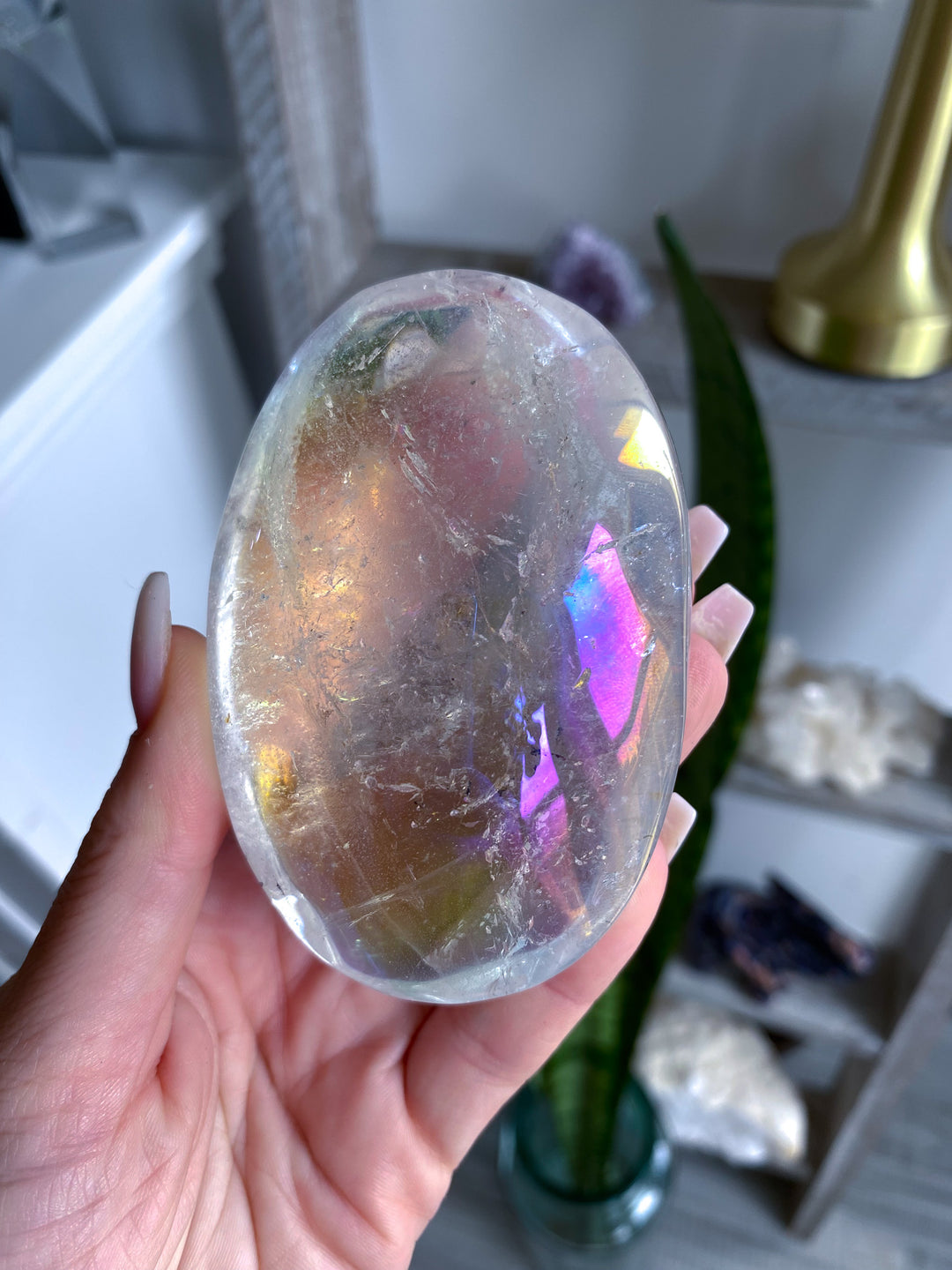 Glorious Angel Aura Clear Quartz Palm Stone 