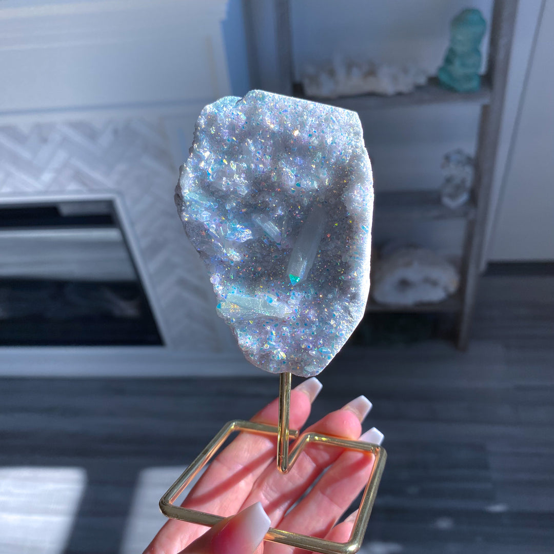 Sparkly Angel Aura Quartz Cluster on Stand 
