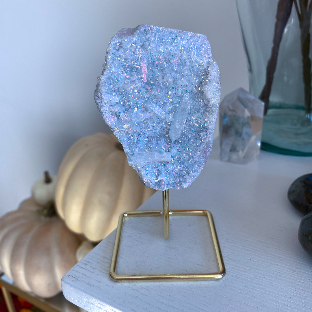 Sparkly Angel Aura Quartz Cluster on Stand 