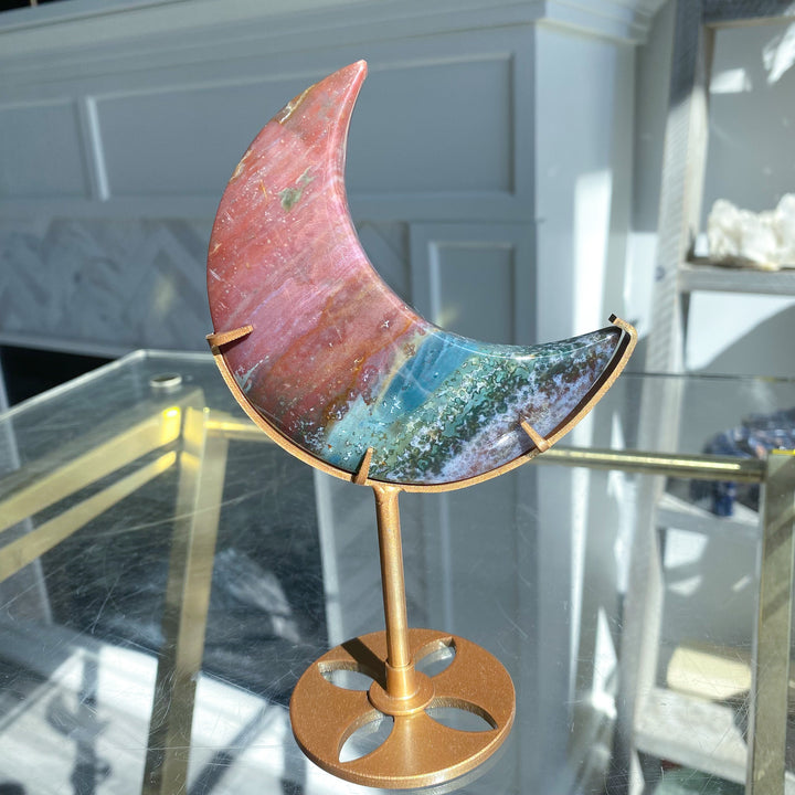 Red &amp; Teal Ocean Jasper Moon on Gold Stand 