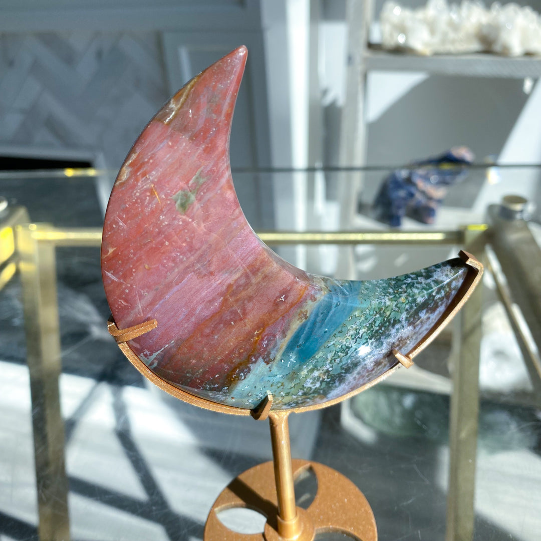 Red &amp; Teal Ocean Jasper Moon on Gold Stand 