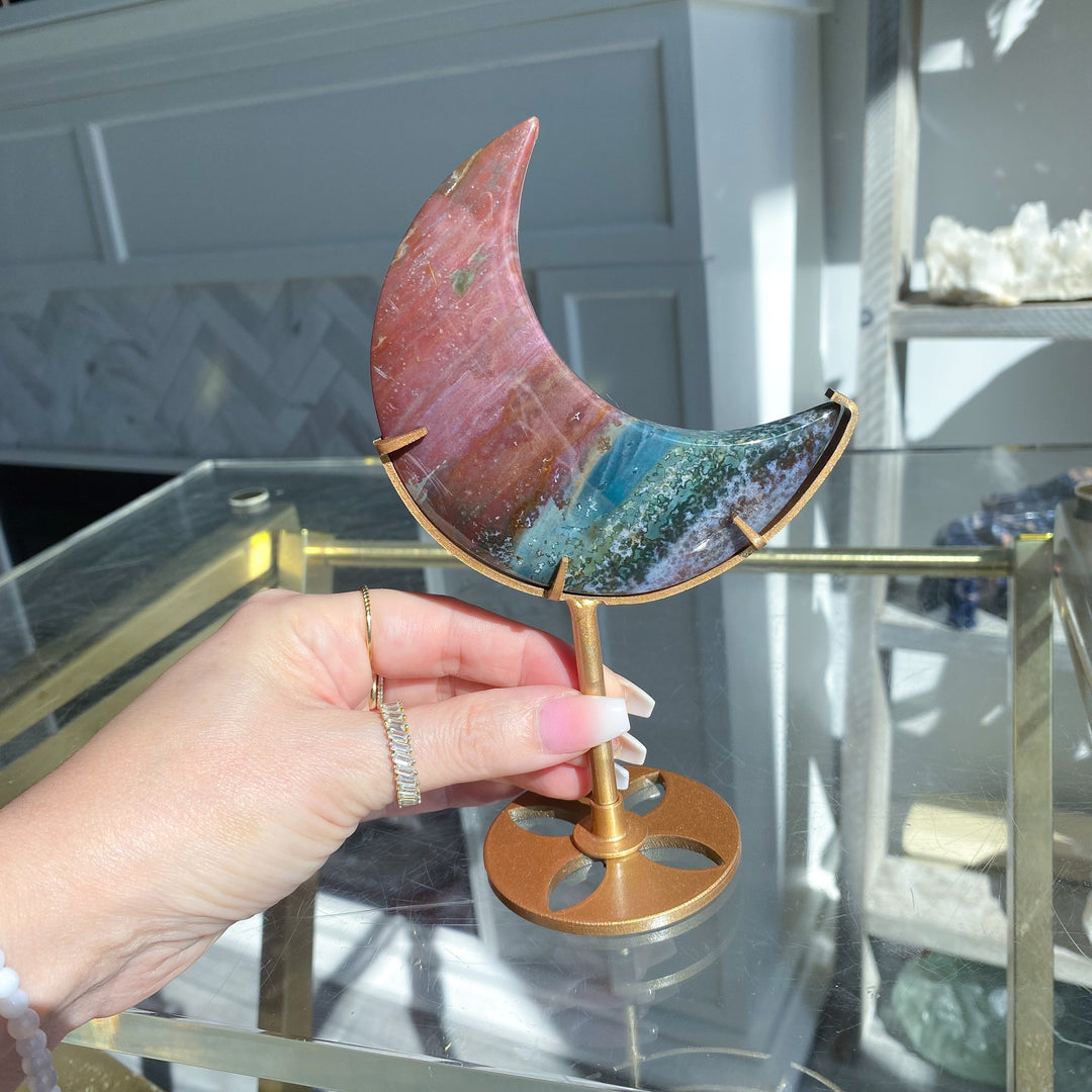 Red &amp; Teal Ocean Jasper Moon on Gold Stand 