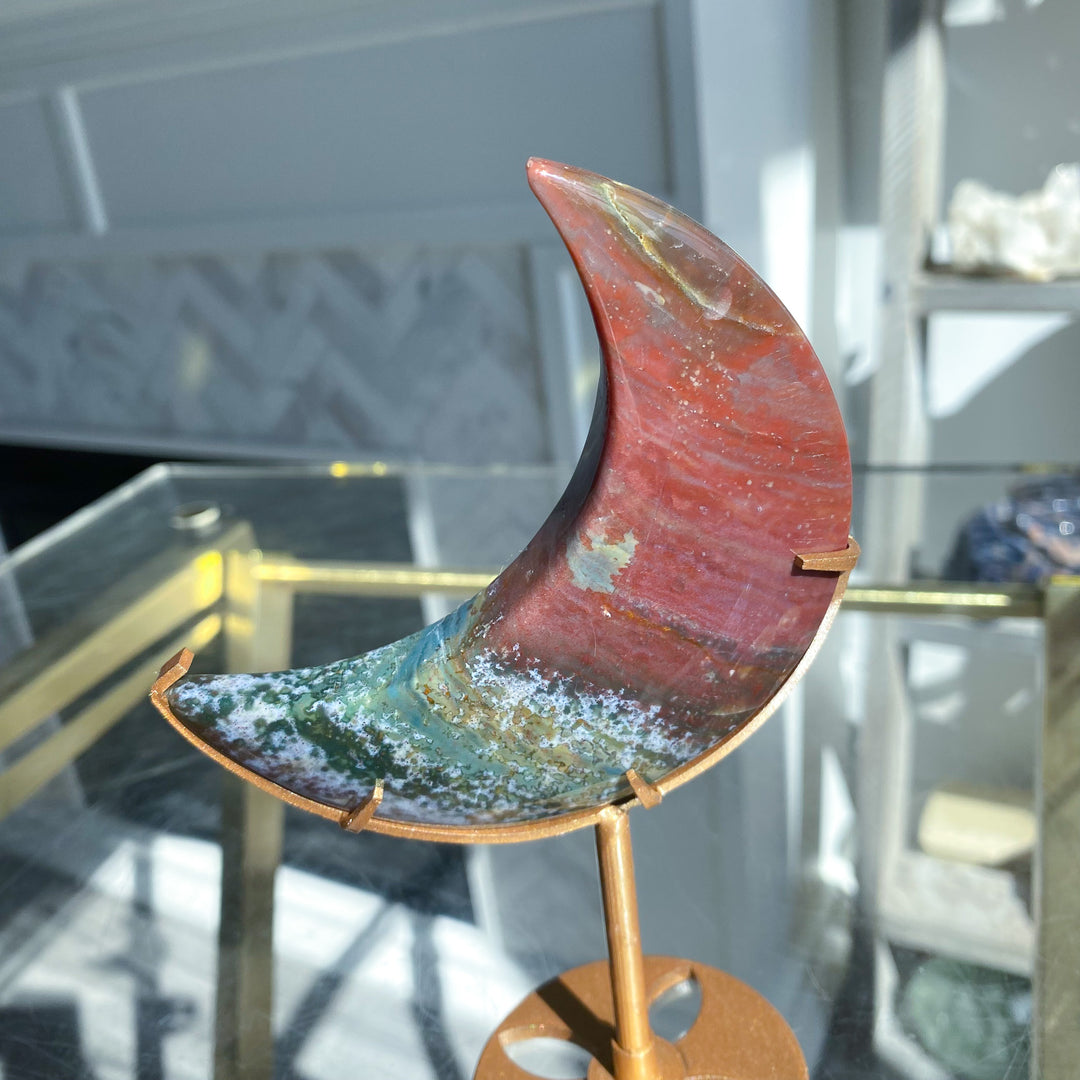 Red &amp; Teal Ocean Jasper Moon on Gold Stand 