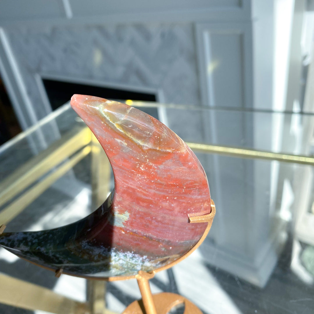 Red &amp; Teal Ocean Jasper Moon on Gold Stand 
