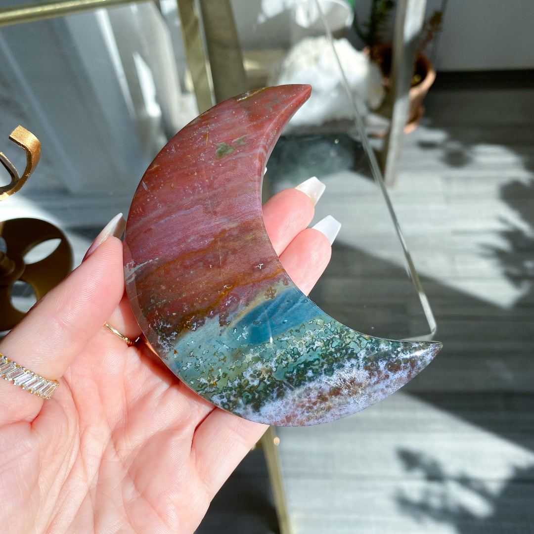 Red &amp; Teal Ocean Jasper Moon on Gold Stand 