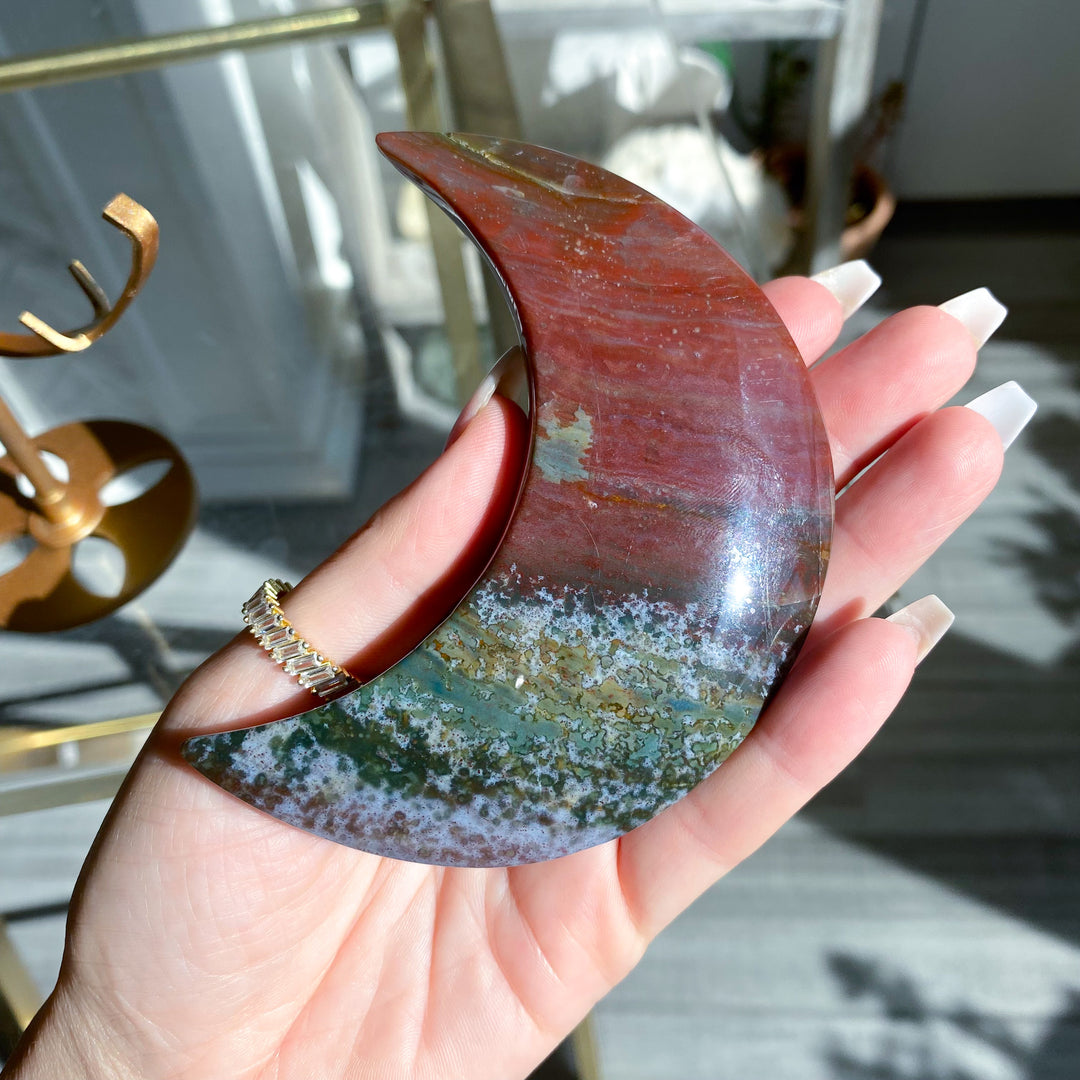 Red &amp; Teal Ocean Jasper Moon on Gold Stand 