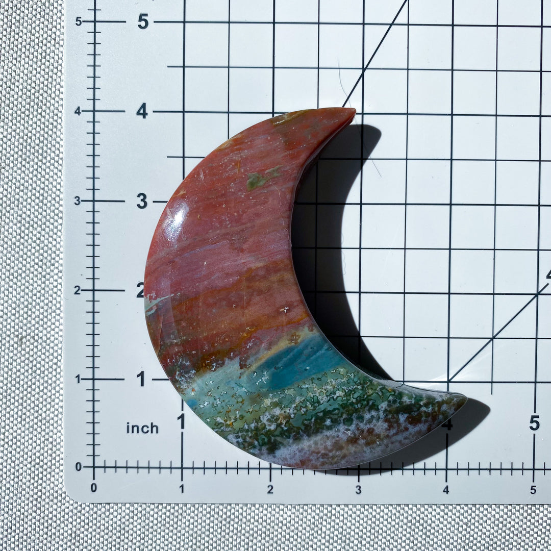 Red &amp; Teal Ocean Jasper Moon on Gold Stand 