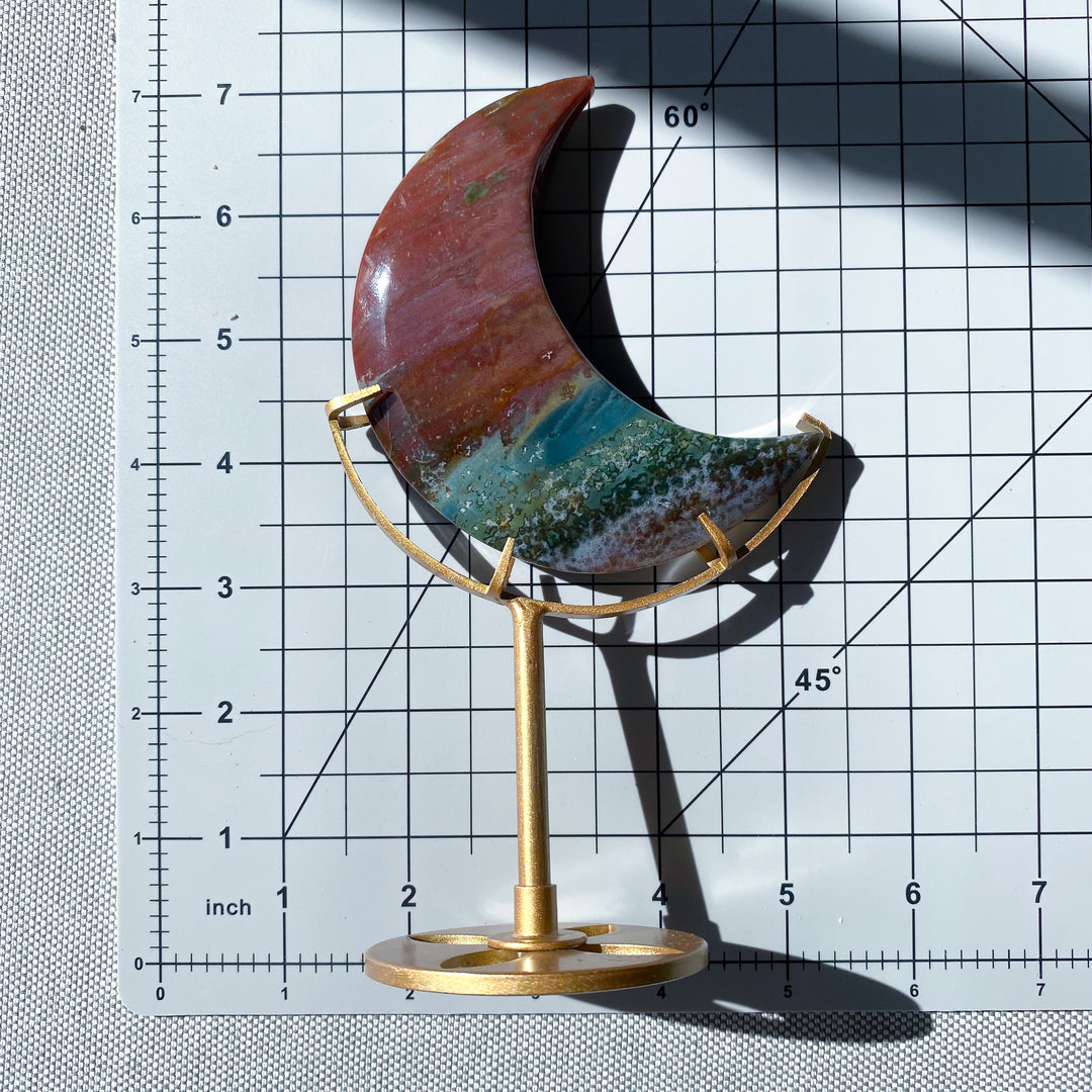 Red &amp; Teal Ocean Jasper Moon on Gold Stand 