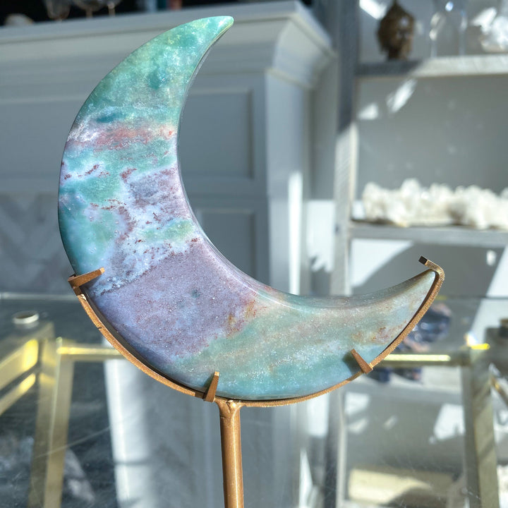 Teal &amp; Lavender Ocean Jasper Moon on Gold Stand 