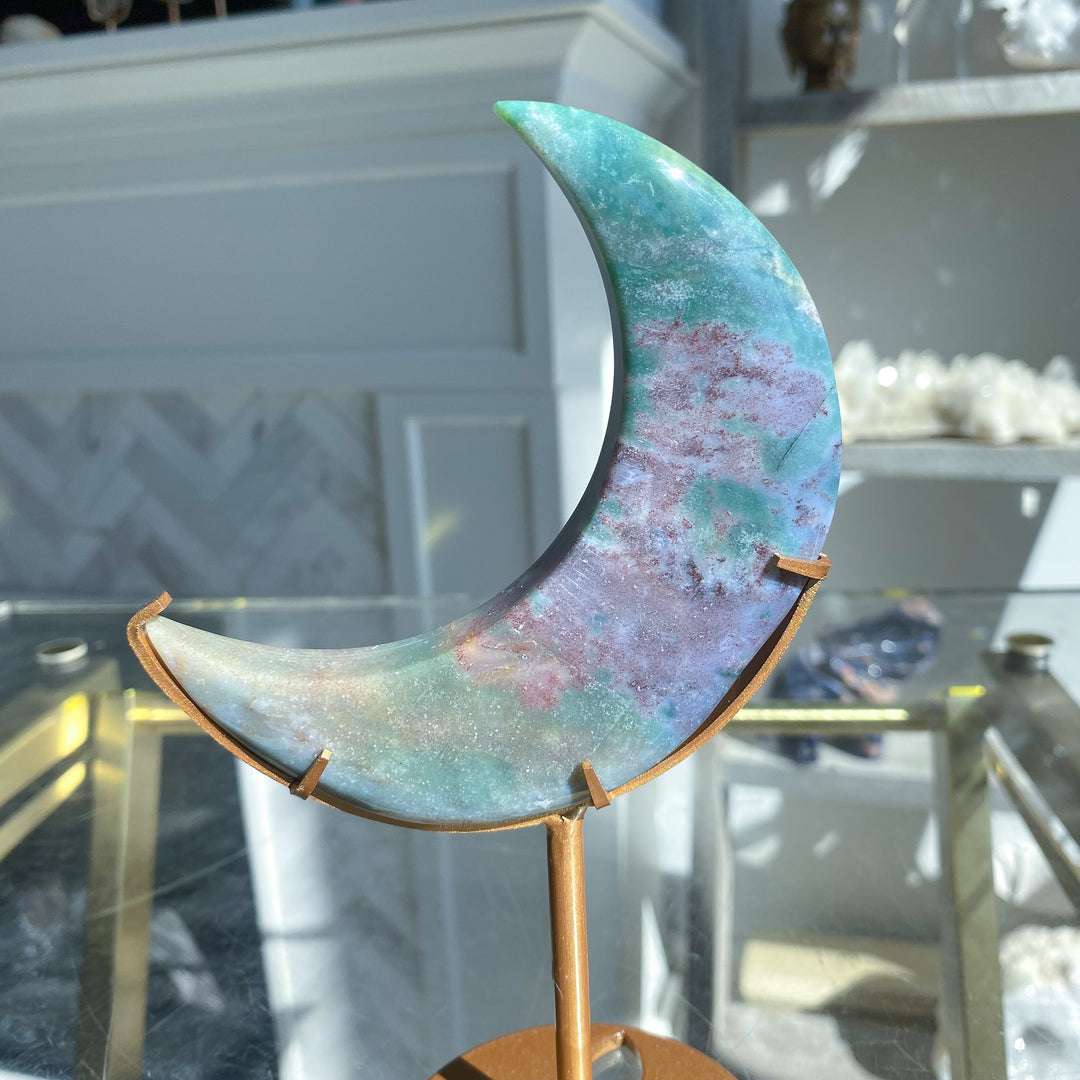 Teal &amp; Lavender Ocean Jasper Moon on Gold Stand 