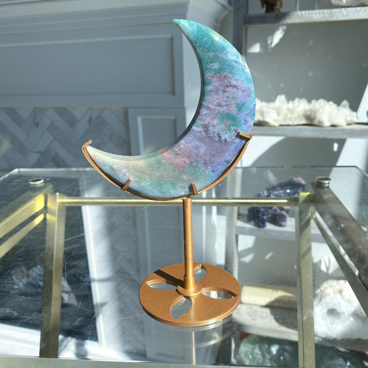 Teal &amp; Lavender Ocean Jasper Moon on Gold Stand 