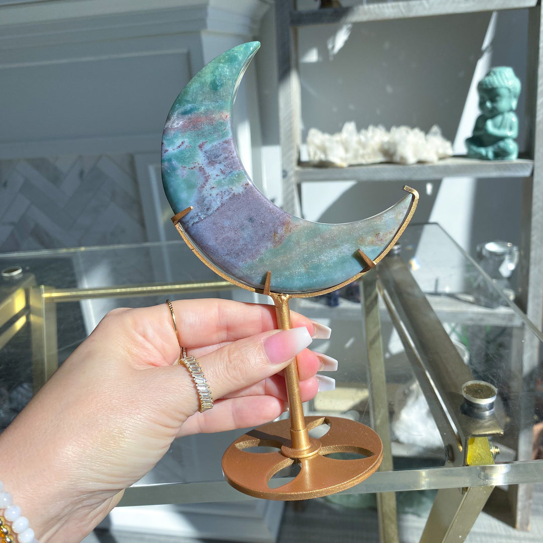 Teal &amp; Lavender Ocean Jasper Moon on Gold Stand 