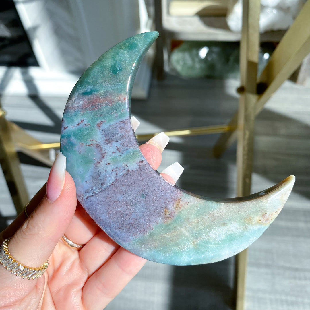 Teal &amp; Lavender Ocean Jasper Moon on Gold Stand 