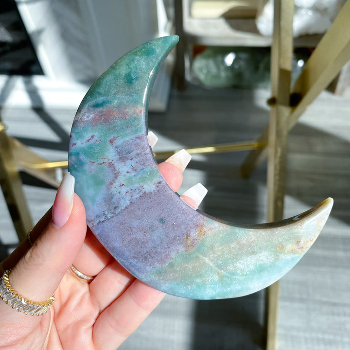 Teal &amp; Lavender Ocean Jasper Moon on Gold Stand 