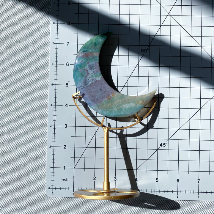 Teal &amp; Lavender Ocean Jasper Moon on Gold Stand 