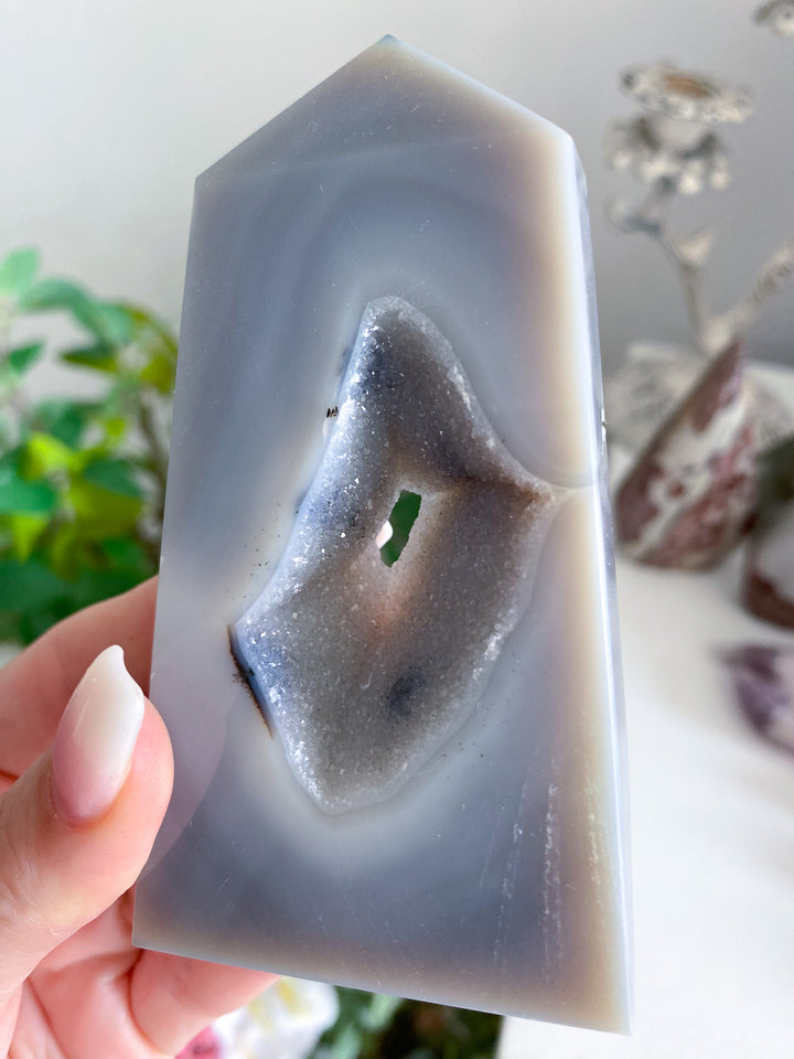Gray Druzy Agate and Quartz Slice 