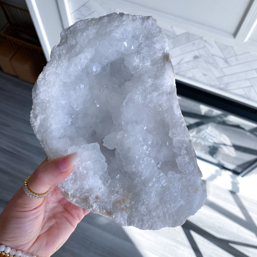 XL White Calcite Geode on Stand 
