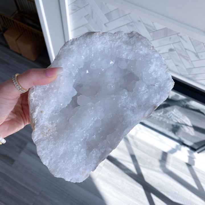 XL White Calcite Geode on Stand 