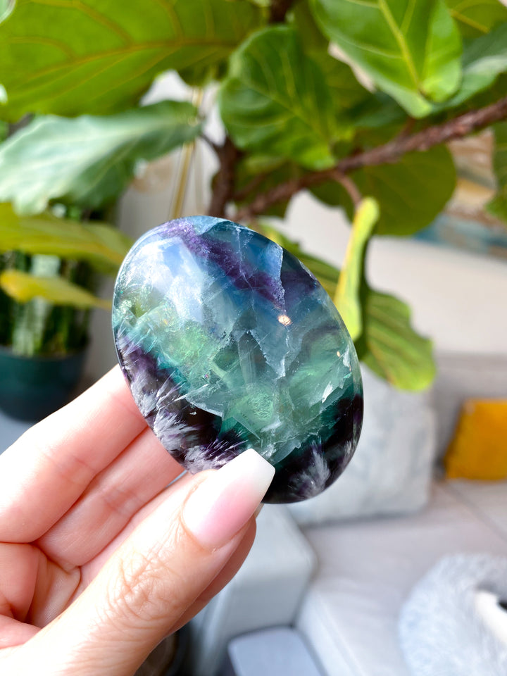 Beautiful Rainbow Fluorite Palm #1 - Feathered, Blue