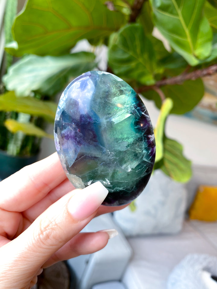 Beautiful Rainbow Fluorite Palm #1 - Feathered, Blue