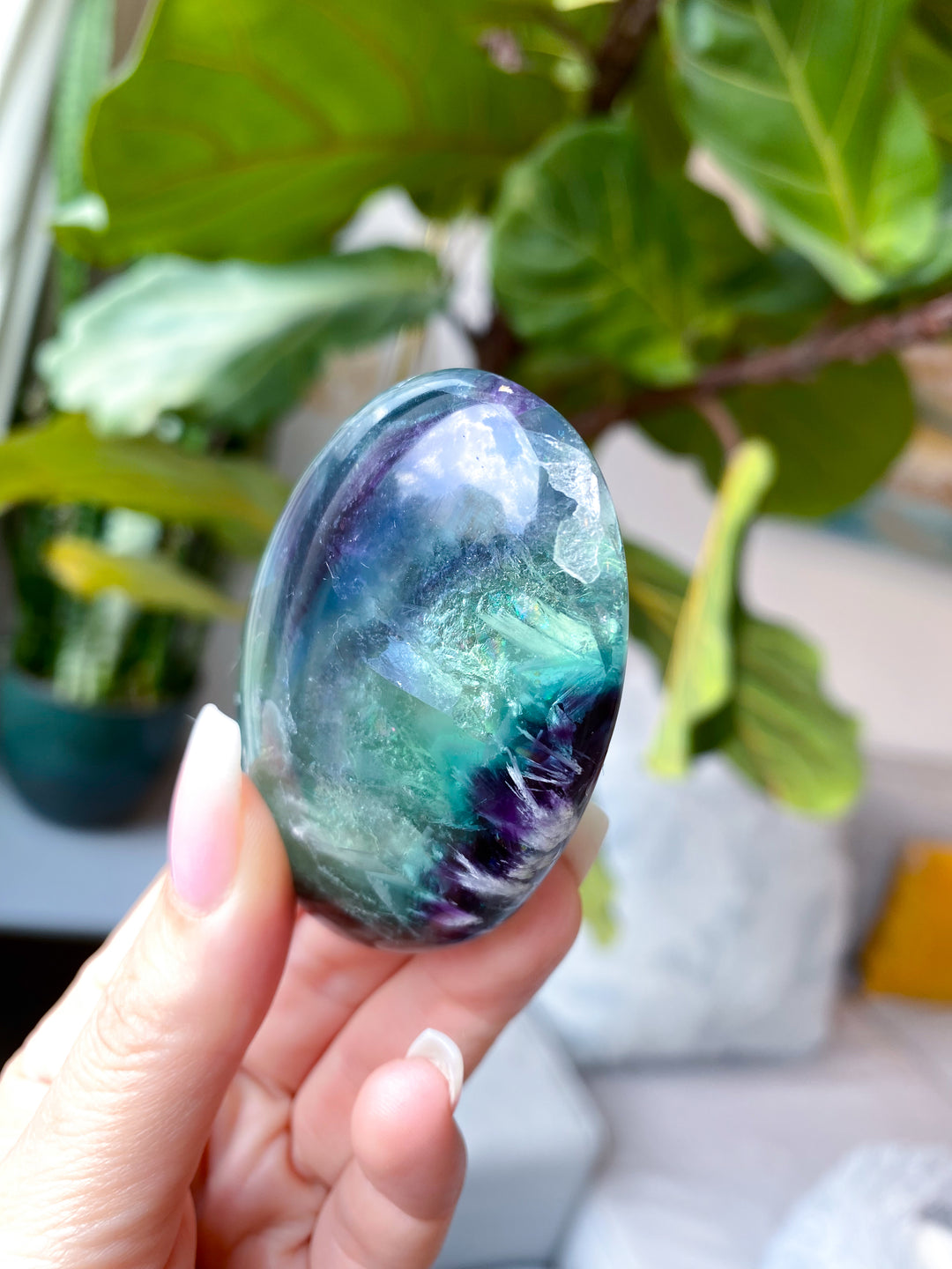 Beautiful Rainbow Fluorite Palm #1 - Feathered, Blue