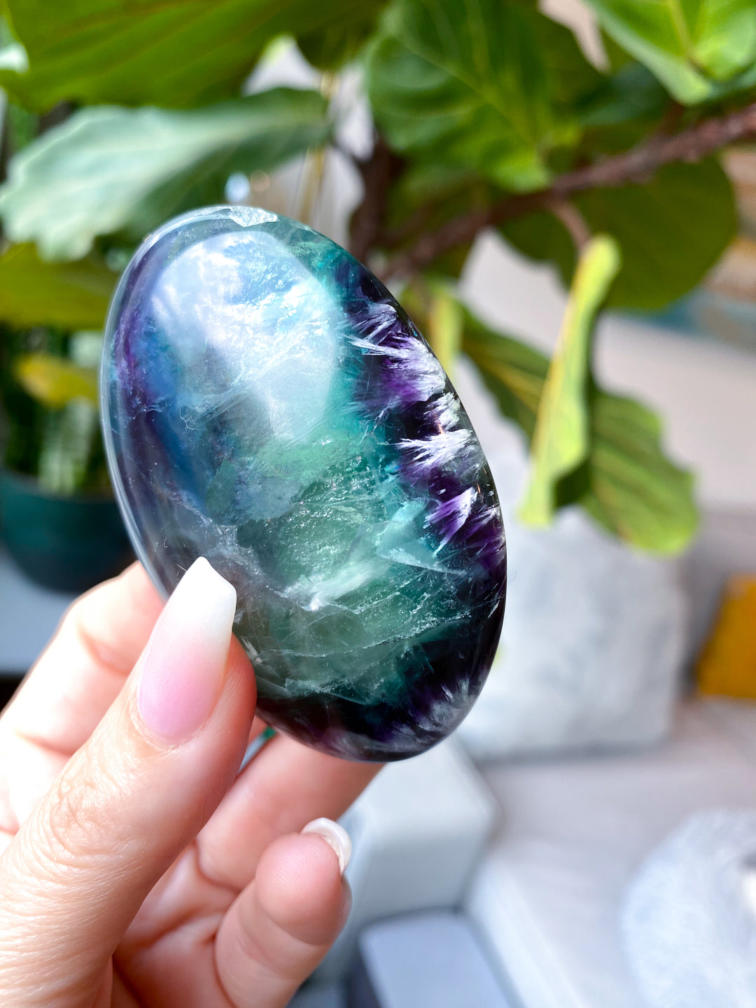 Beautiful Rainbow Fluorite Palm #1 - Feathered, Blue