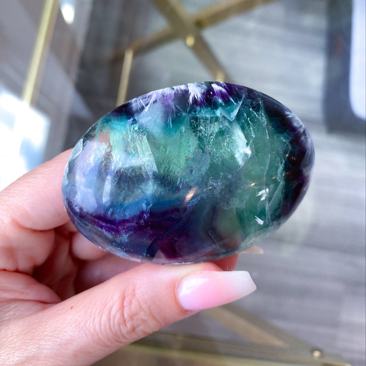 Beautiful Rainbow Fluorite Palm #1 - Feathered, Blue