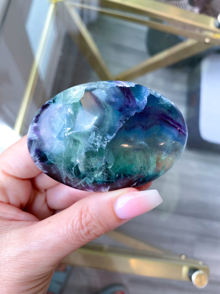 Beautiful Rainbow Fluorite Palm #1 - Feathered, Blue