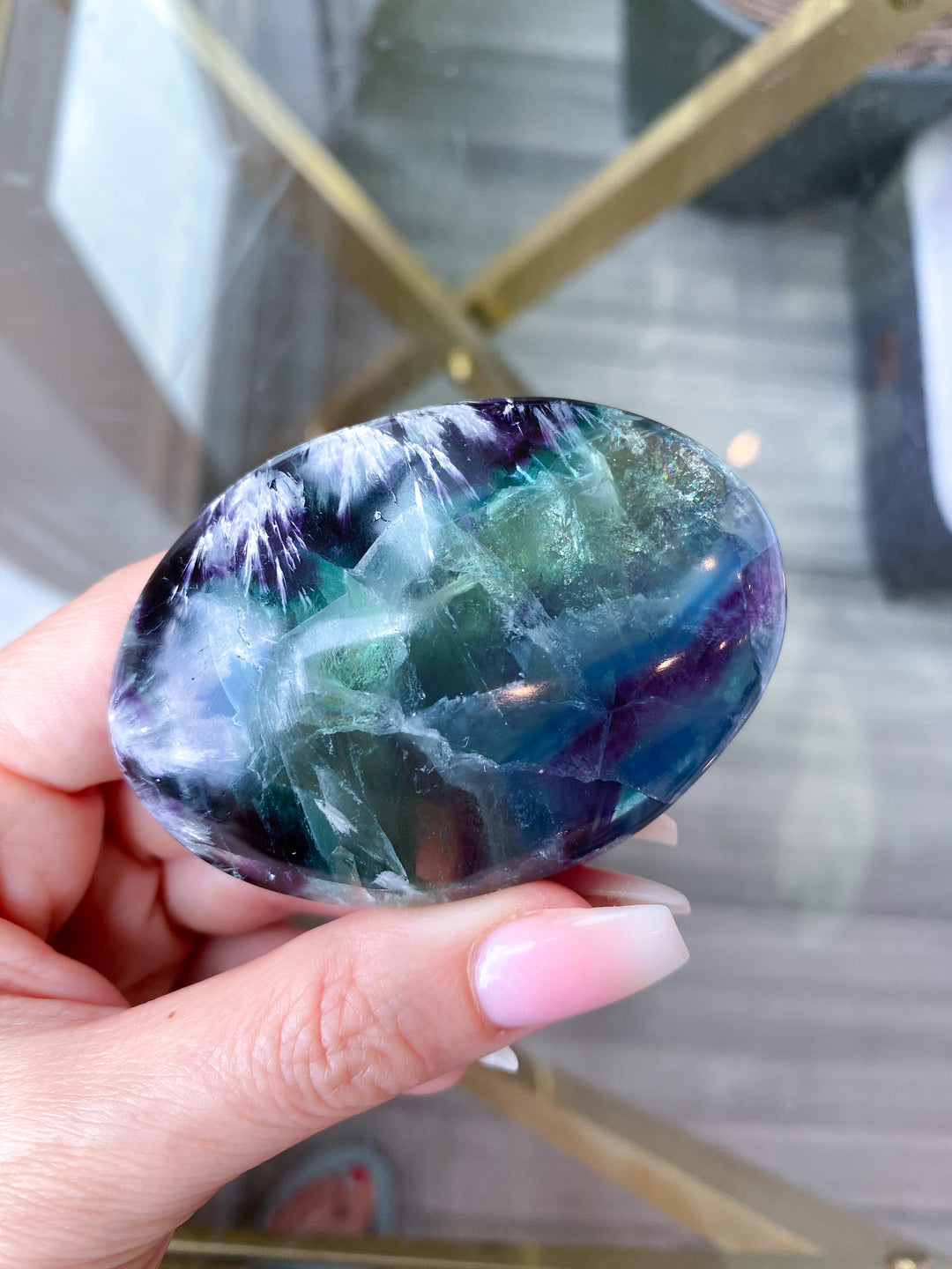 Beautiful Rainbow Fluorite Palm #1 - Feathered, Blue