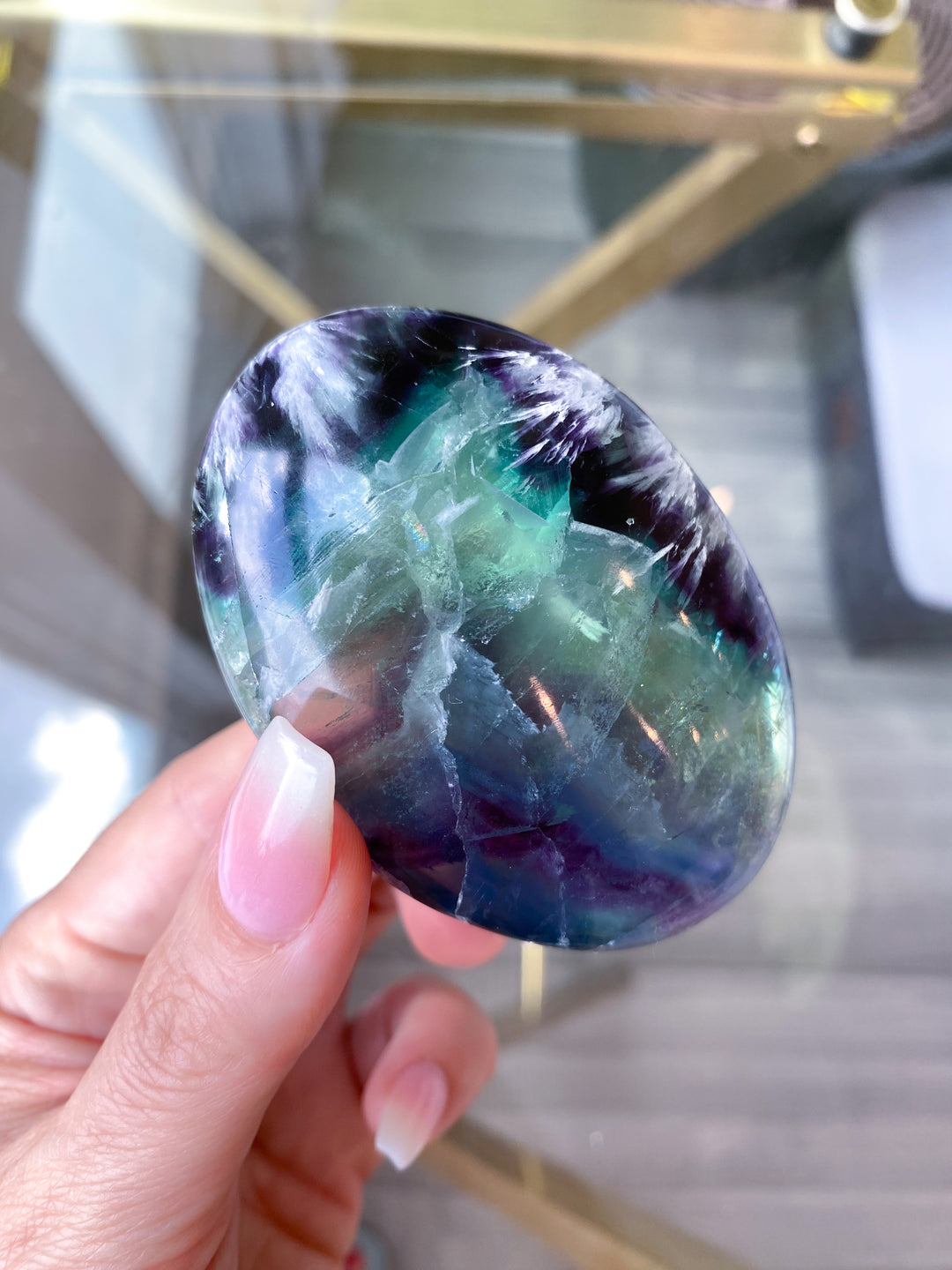 Beautiful Rainbow Fluorite Palm #1 - Feathered, Blue