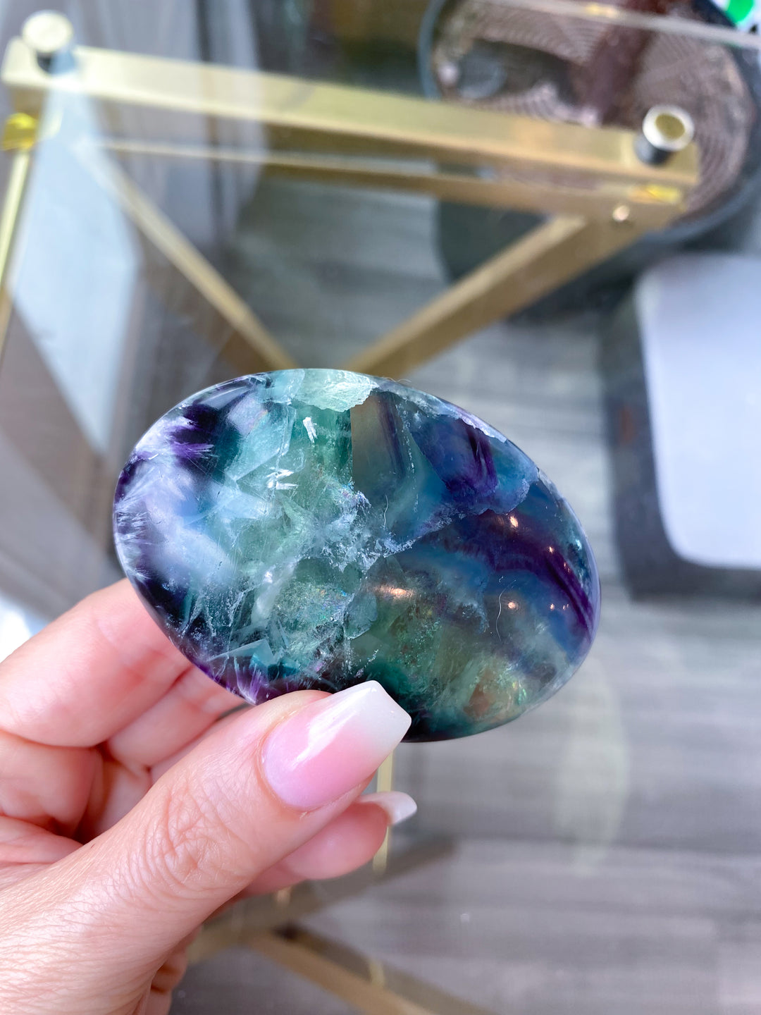 Beautiful Rainbow Fluorite Palm #1 - Feathered, Blue