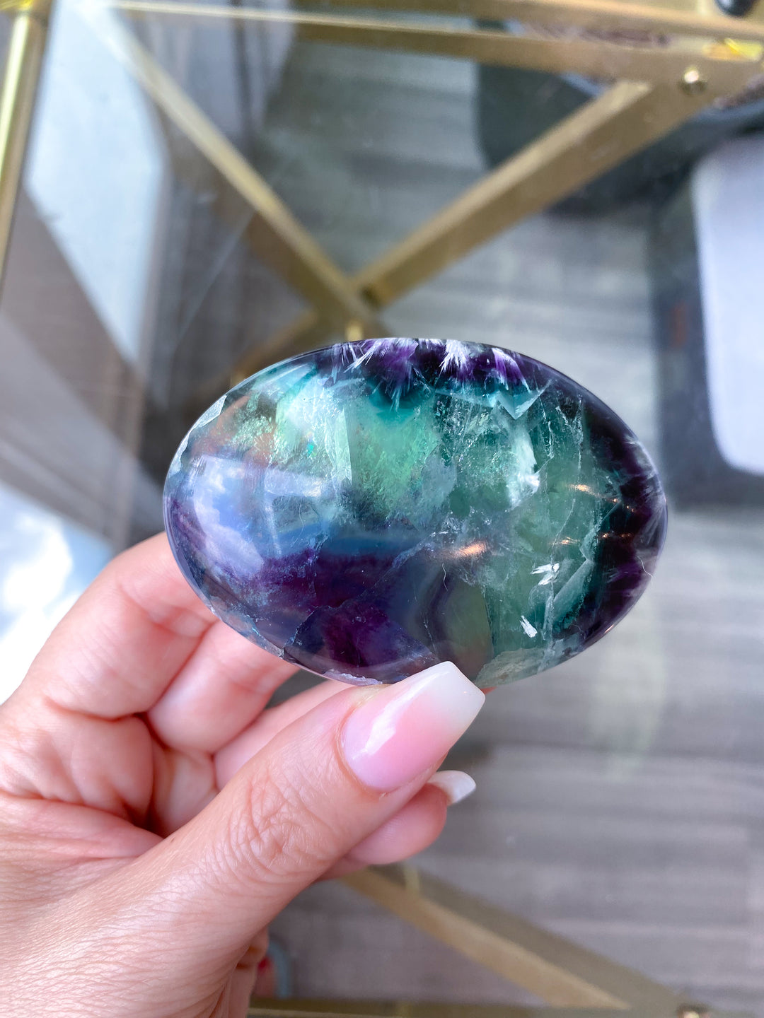 Beautiful Rainbow Fluorite Palm #1 - Feathered, Blue