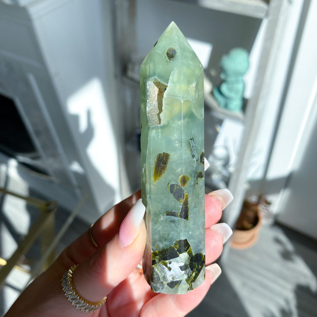 Prehnite with Epidote Portal Tower with Rainbows 