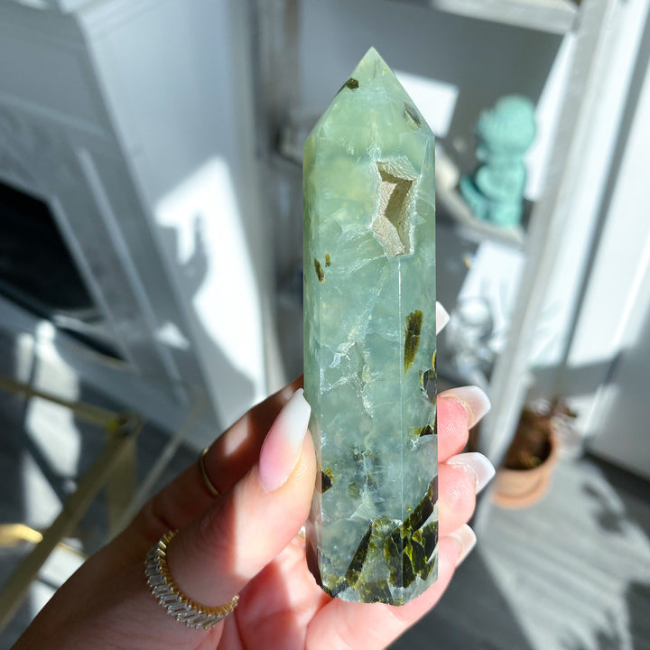 Prehnite with Epidote Portal Tower with Rainbows 