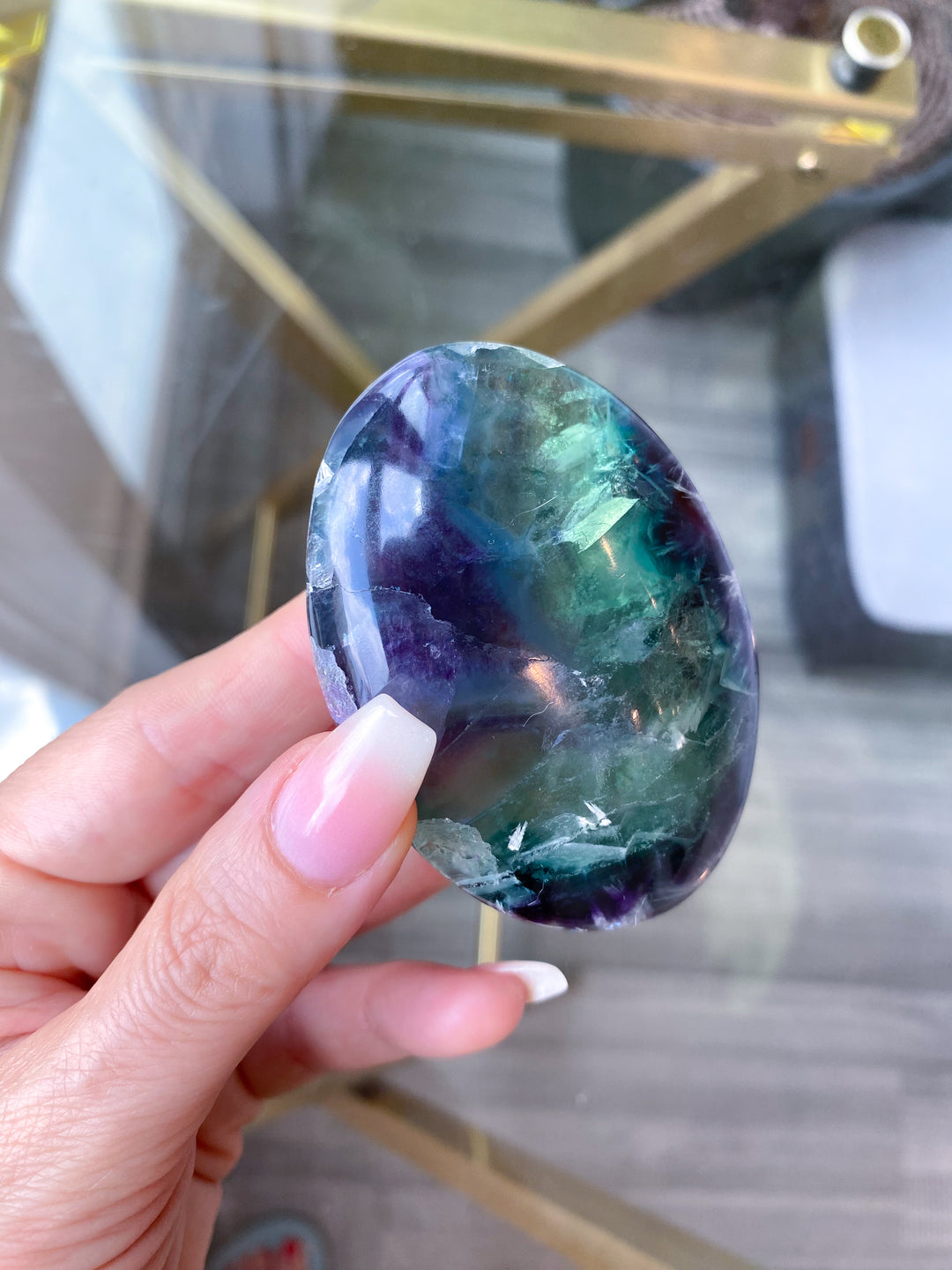 Beautiful Rainbow Fluorite Palm #1 - Feathered, Blue
