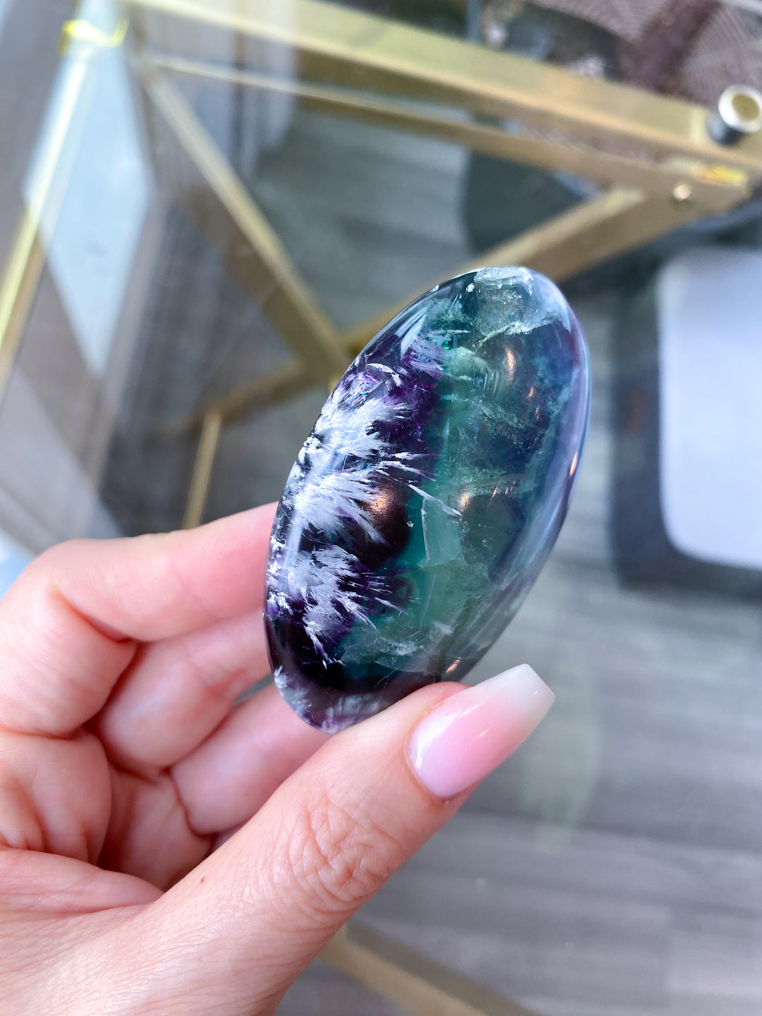Beautiful Rainbow Fluorite Palm #1 - Feathered, Blue