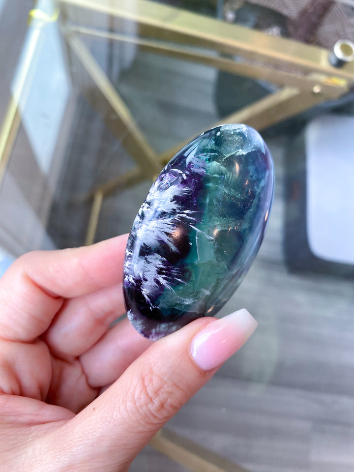 Beautiful Rainbow Fluorite Palm #1 - Feathered, Blue