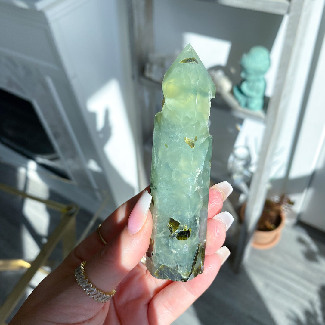 Prehnite with Epidote Portal Tower with Rainbows 