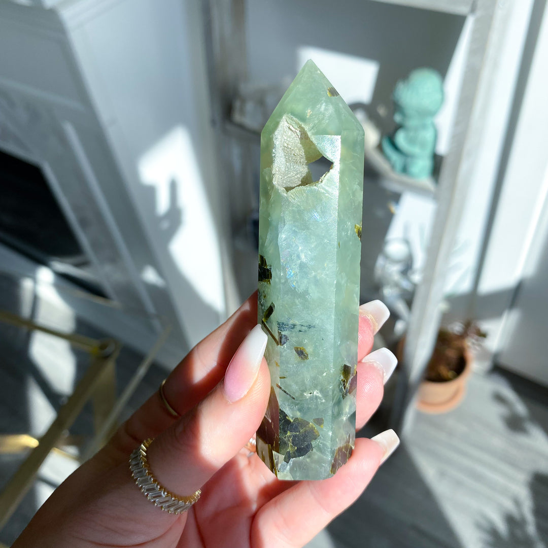 Prehnite with Epidote Portal Tower with Rainbows 